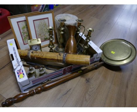 Copper and brass bed warming pan, brass candlesticks, carriage clock, drum, pictures etc