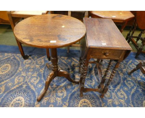 Oak tripod table and small twin drop flap gate leg table on barley twist legs 
