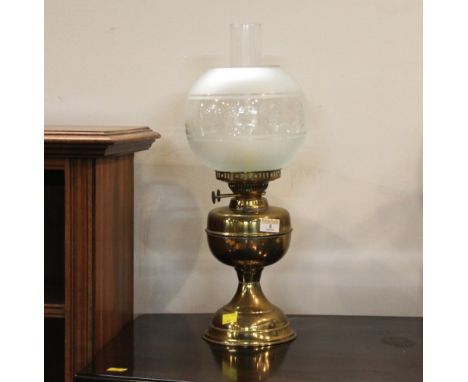 Brass duplex oil lantern with etched glass shade, 50 cm high 