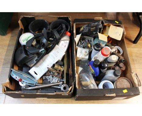 Two boxes of car wax, foot pump, wing mirror extensions, household tools etc