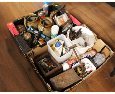 Two boxes of tools, storage jars, door hooks, door furniture etc  