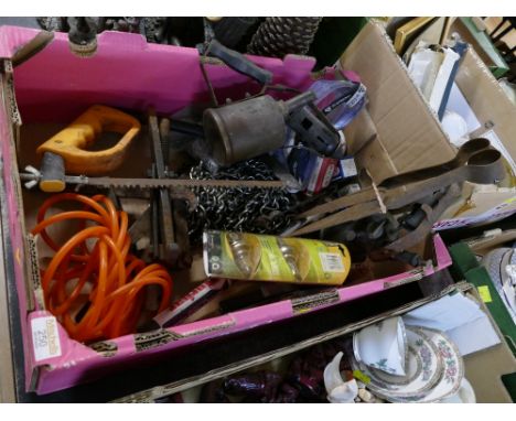 Box of tools, blowtorch, saws, chains, sheep shears etc
