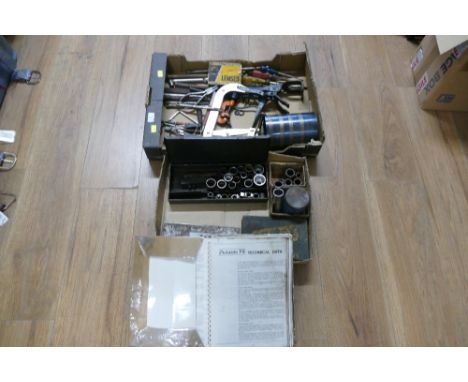 Two boxes of tools, socket sets, Autodata 79 manual, screwdrivers, clamps etc