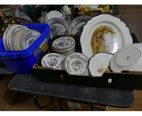 Two boxes of Indian Tree china and three Royal Worcester gamebird plates
