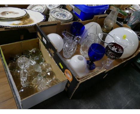 Two boxes of glassware, lamp shades, jugs and decanter stoppers