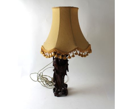 Oriental carved wooden lamp base with shade, 60 cm high  