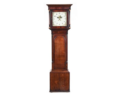 Oak cased grandfather clock, the face depicting a European cottage  