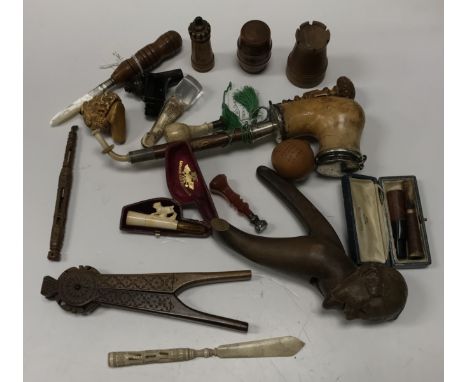 A collection of various objets de vertus including a 19th Century Swedish white metal mounted meerschaum pipe with rustic ste