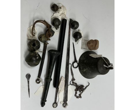 A collection of eight various 17th Century and other crotal bells, some bearing initials, largest 5 cm diameter, smallest 1.5