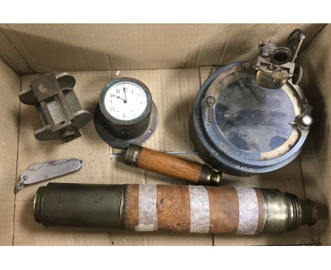 A box containing a leather and brass mounted three draw telescope, an oak and brass mounted three draw telescope of small pro