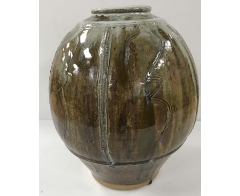A Geoffrey Whiting glazed and incised pottery vase bearing two impressed marks, one for the artist, one for the pottery, insc