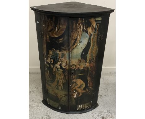An 18th Century English painted bow fronted hanging corner cupboard with two doors, painted with scene of Salome being presen