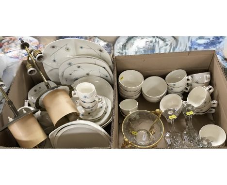 Two boxes of Midwinter Stylecraft hotel ware by Wetherby, "Flower Mist" pattern, designed by Jessie Tait comprising two veget