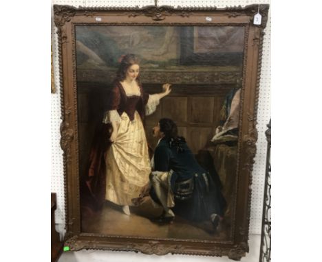WALTER DENDY SADLER (1854-1923) “Gentleman fitting shoe to young woman by oak panelling” oil on canvas, unsigned, 112cm x 82c