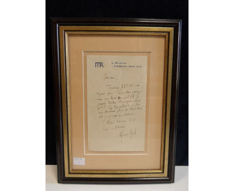 RAVEL (Maurice), Autograph letter on headed paper, 9 lines, 'Cher Ami...', according to a frame label marked 'M. Fernand Ochs