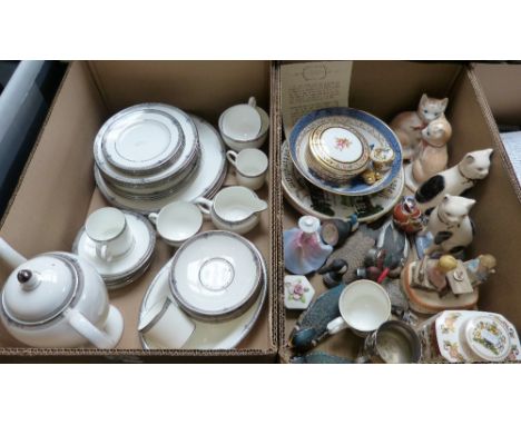 A Wedgwood tea/ dinner service together with a box of various ceramics, model cats, tea caddy, wooden ducks, pill boxes, Roya