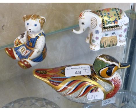 Royal Crown Derby paperweights of seated Teddy bear, elephant and duck, all with gold stoppers (3)