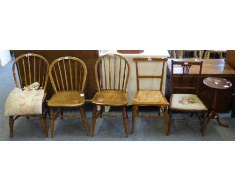 A set of three Victorian ash and elm stick back kitchen chairs, an Edwardian inlaid mahogany single chair, a cane seat bedroo