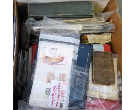 Postcard album, postcards, cigarette cards, First Day covers, stamps etc.