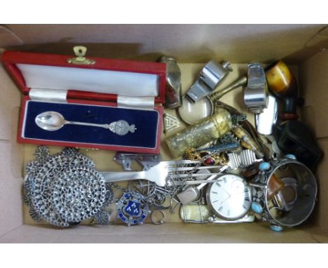 A box of collectables including silver spoon, caddy spoon, silver pocket watch, bangle, whistles, jewellery etc.