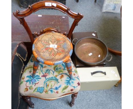 A Victorian Rosewood Salon chair together with a painted three legged stool, a Singer manual sewing machine in case, filing b