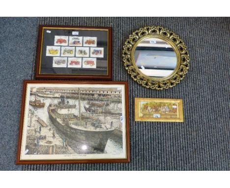 A print of a trawler leaving St Andrew's Dock, Hull c 1955, a gilt framed circular mirror, a print of people fishing and fram