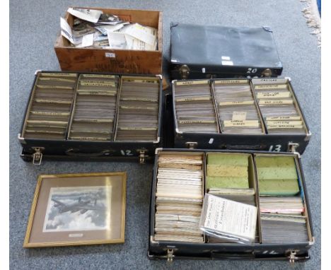 Three boxes of postcards together wit an empty case and a further wooden box of aircraft cuttings and print of a Lancaster bo