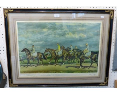 A coloured print of race horses "Warren Hill, Newmarket" after A.J.Munnings, with a personal dedication by the artist in the 