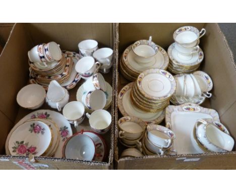 Two boxes of teaware including Royal Vale bone china, English Bell china pattern no. 2273, Minton bone china pattern no. 363 