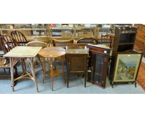 An oak tall and narrow open bookcase, 34cm wide, a glazed mahogany hanging corner display cabinet, an Edwardian rosewood and 