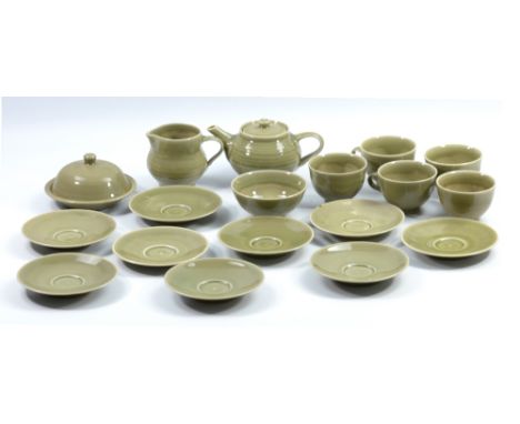 HARRY DAVIS (1910-1986) & MAY DAVIS (1914-1998) for Crowan Pottery; a stoneware teapot covered in green celadon glaze, height