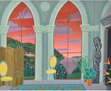 THOMAS MCKNIGHT (American, born 1941); a signed limited edition lithograph, landscape through arched windows, 134/150 in Roma