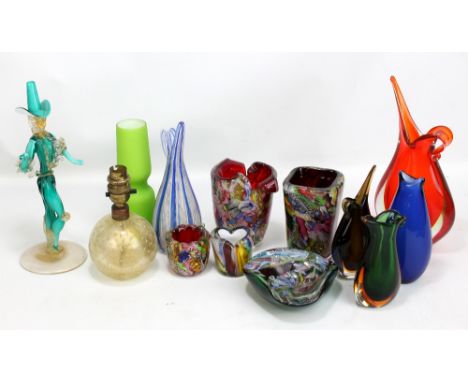 CARLO MORETTI FOR MURANO; a lime green and opaque white matt finished vase, height 18.5cm, a Murano turquoise gilt heightened