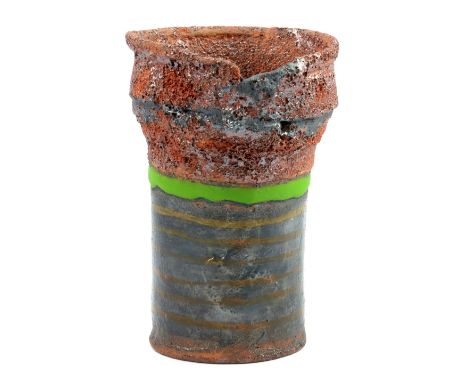 ROBIN WELCH (born 1936); a cylindrical stoneware vessel with flared and pierced top, banded decoration and heavily textured v