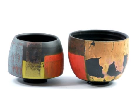 TONY LAVERICK (born 1961); two black porcelain bowls, blocks of different lustrous colours, painted TL marks and dates of 201