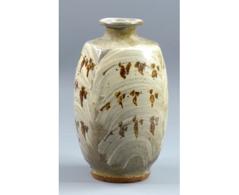 JIM MALONE (born 1946); a stoneware bottle with flattened sides, iron decoration on hakeme ground, impressed JM and A for Ain