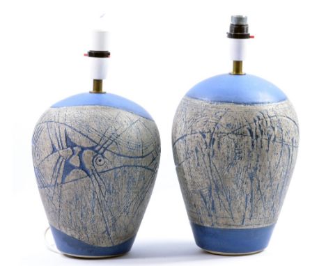 LOUISE DARBY (born 1957); a near pair of stoneware lamp bases, one decorated with fish, impressed LD marks, tallest height (e