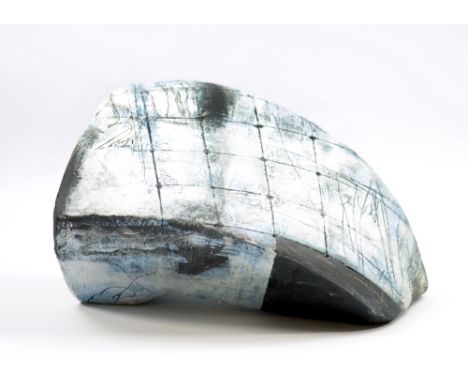 REBECCA APPLEBY (born 1979); a white bodied sculptural form with perforated grid pattern covered in pale blue and black slip 