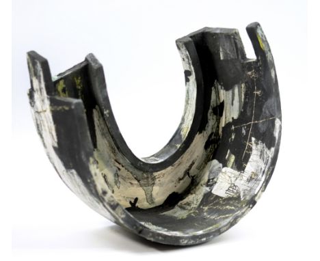 REBECCA APPLEBY (born 1979); a small white bodied curved form covered in grey, black and white slip with ceramic chalk and pe