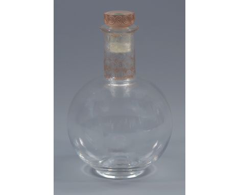 LALIQUE; a clear glass globular decanter and stopper, the side of the stopper and neck of the body decorated with bands of st
