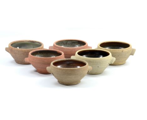 Leach Pottery; a set of six stoneware open soups, impressed pottery marks, diameter (including handles) 14.5cm (6). CONDITION