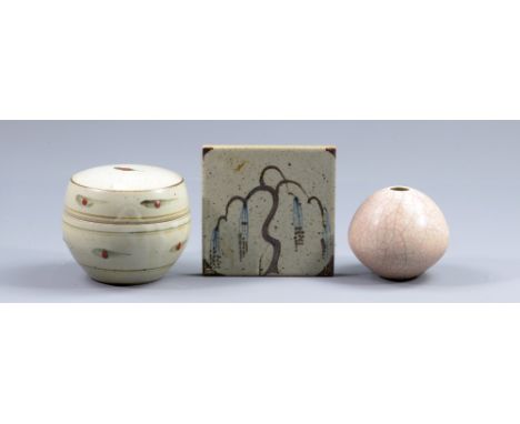 DAVID LEACH (1911-2005) for Lowerdown Pottery; a stoneware box and cover, porcelain vase covered in pink crackle glaze and a 