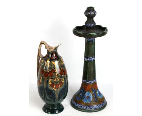 GOUDA; a large green glazed candlestick, painted marks to base, numbered 873, height 46cm and a Utrecht Art Nouveau ewer with