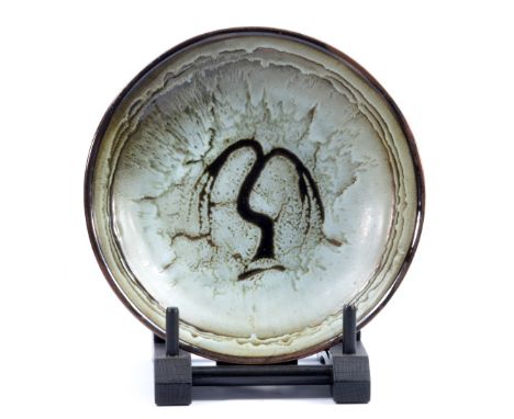 DAVID LEACH (1911-2005) for Lowerdown Pottery; a stoneware dish with willow tree motif covered in dolomite and tenmoku glaze,