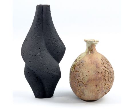 RICK RUDD (born 1949); a matt black earthenware spiral vase and a globular pot with 'Teuim' technique surface decoration by a