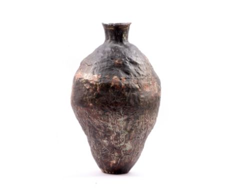 EWEN HENDERSON (1934-2000); a large bottle form, mixed laminated stoneware and bone china clays, mottled chocolate, reddish b