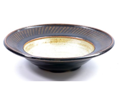 DAVID LEACH (1911-2005) for Lowerdown Pottery; a stoneware dish with fluted rim, impressed DL mark (partially glaze filled), 