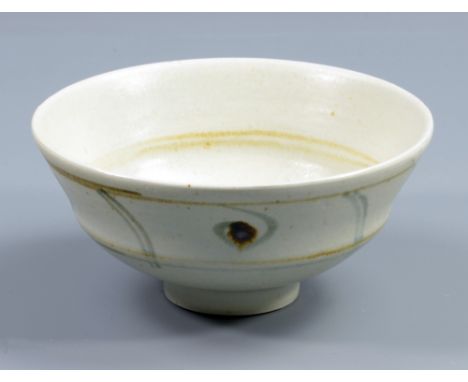 DAVID LEACH (1911-2005) for Lowerdown Pottery; a stoneware footed bowl, cobalt and iron decoration on pale celadon ground, im