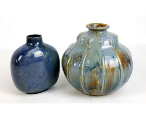 ROYAL DOULTON; an Art Pottery ribbed stepped globular vase, impressed marks to base with initials EW, height 16.5cm and a Roy