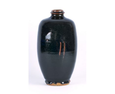 JIM MALONE (born 1946); a stoneware bottle covered in tenmoku glaze with finger wipe decoration, impressed JM and L for Lesso